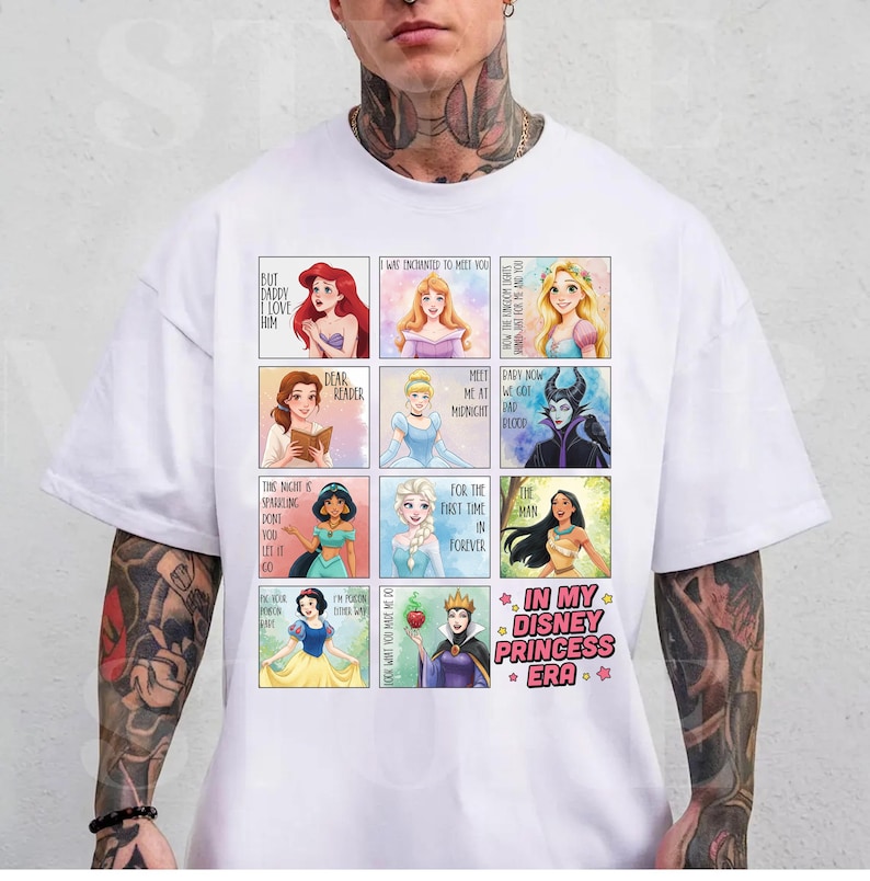 Koszulka z tekstem piosenki Disney In My Princess Era, koszulka z księżniczkami Disneya, Bellą, Arielką, Roszpunką, Aurorą, Kopciuszkiem, koszulka Disneyland Girls' Trip zdjęcie 3