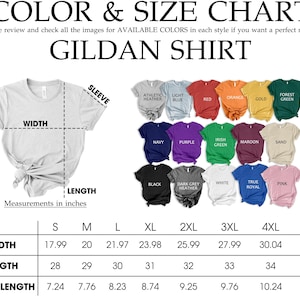 The image is a color and size chart for a GILDA shirt. It includes a gray t-shirt with measurements and a collage of various colored t-shirts with different sizes.