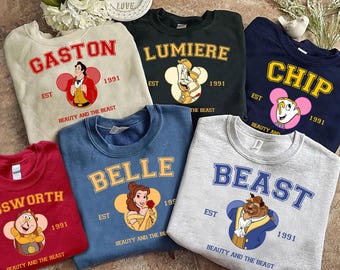 Maglietta retrò Disney La bella e la bestia Est 1991, Belle, la bestia, Gaston, Lumiere, la signora Bric e Chicco, maglietta coordinata per la famiglia WDW Disneyland