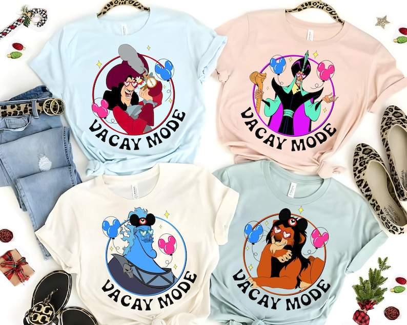 Camiseta retro de los 90 con villanos de Disney, los malos llevan orejas de Mickey y globos, modo vacaciones. Camiseta del Capitán Garfio, Scar, Hades, Jafar, Gastón, camisetas de Disneyland. imagen 1
