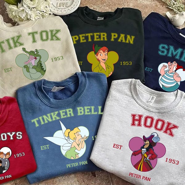 Disney Peter Pan Est 1953 Characters T-Shirt, Tinker Bell, Smee, Captain Hook, Disneyland Family Vacation Trip, Matching Family Shirts