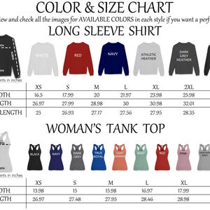 May include: A colour and size chart for long sleeve shirts and tank tops. Long sleeve shirts are shown in white, red, navy, athletic heather, dark grey heather, and black. Tank tops are shown in black, navy, dark grey, true royal, light orange, mint, red, pink, heather grey, and white.