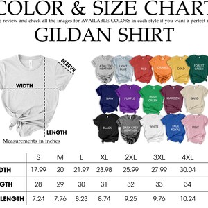 The image is a color and size chart for a GILDA shirt. It includes a gray t-shirt with measurements and a collage of various colored t-shirts with different sizes.