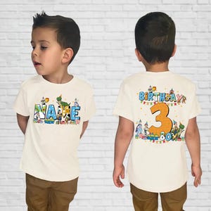 Camiseta de cumpleaños de Toy Story personalizada de doble cara, camiseta de cumpleaños de Toy Story con nombre personalizado para niño o niña, camiseta de cumpleaños de Buzz, Woody, Jessie y Bo Peep imagen 2