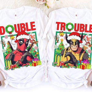 Marvel Wolverine And Deadpool Double Trouble Christmas Shirt, Marvel Christmas Costume Shirt, Disneyland Family Christmas Matching Shirt image 1