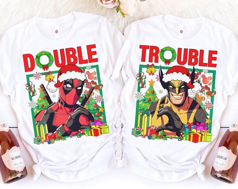 Marvel Wolverine And Deadpool Double Trouble Christmas Shirt, Marvel Christmas Costume Shirt, Disneyland Family Christmas Matching Shirt image 1