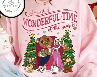 Disney Beauty and The Beast Christmas Lights Most Wonderful Time Xmas Tree  Shirt, Beast Belle Lumiere Mrs Potts and Chip Christmas Shirt