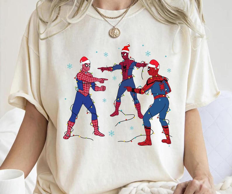 Marvel Avengers grappige meme-kerstshirt, drie Spiderman memeshirt, bijpassende shirt Spiderman familie, Marvel Party kerst familieshirt afbeelding 4