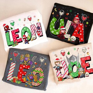 Personalized Marvel Custom Name Christmas Shirt, Spider-man Spider Gwen Iron Man Wolverine Hulk Custom Girl Boy Name Kids Tee, Xmas Balloon image 2