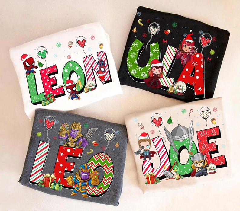 Personalized Marvel Custom Name Christmas Shirt, Spider-man Spider Gwen Iron Man Wolverine Hulk Custom Girl Boy Name Kids Tee, Xmas Balloon image 2