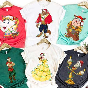 Disney Beauty and The Beast Group Christmas Lights Shirt, Santa Belle, Beast, Gaston, Lumiere, Mrs Potts and Chip, Cogsworth Xmas Shirt