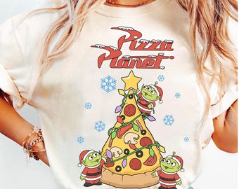 Funny Disney Pixar Toy Story Alien Pizza Planet Christmas Tree Shirt, Mickey's Merry Christmas Party 2026 Tee, Disneyland Holiday Trip