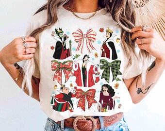 Vintage Disney schurken kerstmis coquette strikshirt, Disney Bad Witches vakantie T-shirt, retro schurk kerstoutfit, Disneyland kerstfeest