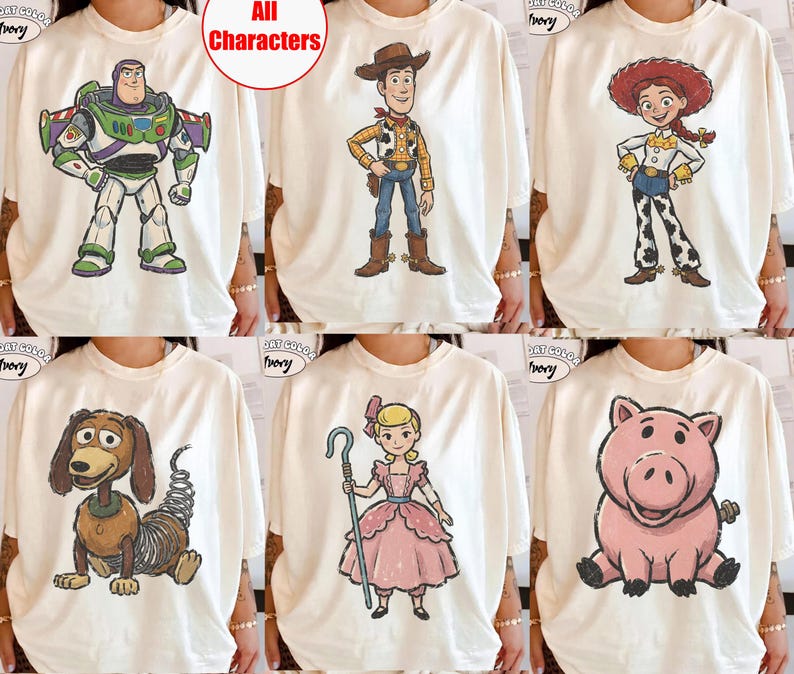 Disney Pixar Toy Story 5 Classic Sketch Cute Vintage Portrait T-Shirt, Buzz Woody Jessie Rex Slinky Tee, Personalized Group Matching Tee image 1