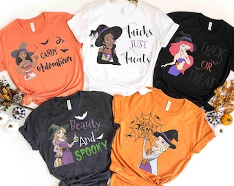 Retro Disney Princess Witch Group Spooky Halloween Shirt, Tiana Belle, Ariel, Cinderella, Mickey's Not-So-Scary Halloween Party Shirt