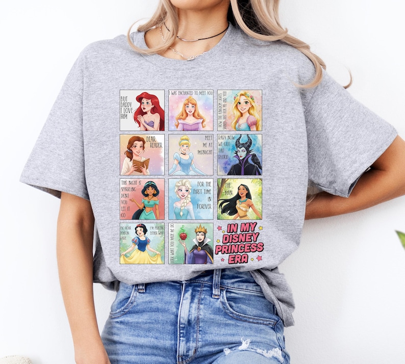 Koszulka z tekstem piosenki Disney In My Princess Era, koszulka z księżniczkami Disneya, Bellą, Arielką, Roszpunką, Aurorą, Kopciuszkiem, koszulka Disneyland Girls' Trip zdjęcie 4