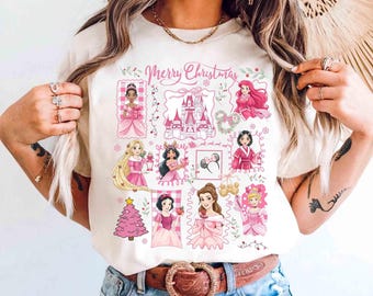 Coquette Disney Princess Pink Christmas T-shirt, Belle Ariel Xmas Tee, WDW Magic Kingdom Christmas Vacation Trip, Ariel Snow White Belle