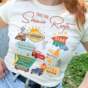 Disney Pixar Cars Lightning Mcqueen Shirt, Take The Scenic Route Tee, Tow Mater Carburetor Emporium Radiator Springs shirt, Ornament Valley image 2