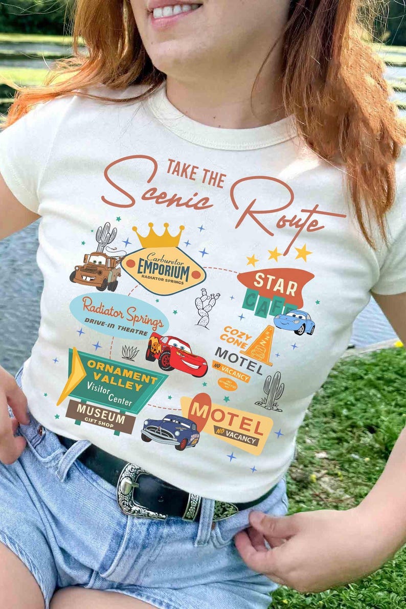 Disney Pixar Cars Lightning Mcqueen Shirt, Take The Scenic Route Tee, Tow Mater Carburetor Emporium Radiator Springs shirt, Ornament Valley image 2