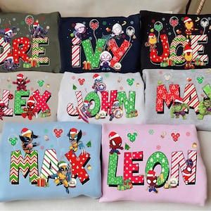 Personalized Marvel Custom Name Christmas Shirt, Spider-man Spider Gwen Iron Man Wolverine Hulk Custom Girl Boy Name Kids Tee, Xmas Balloon image 1