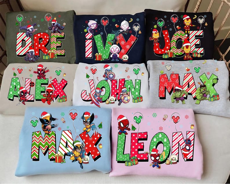 Personalized Marvel Custom Name Christmas Shirt, Spider-man Spider Gwen Iron Man Wolverine Hulk Custom Girl Boy Name Kids Tee, Xmas Balloon image 1