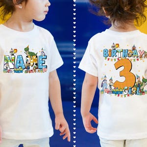 Camiseta de cumpleaños de Toy Story personalizada de doble cara, camiseta de cumpleaños de Toy Story con nombre personalizado para niño o niña, camiseta de cumpleaños de Buzz, Woody, Jessie y Bo Peep imagen 4