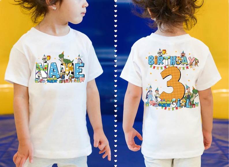 Camiseta de cumpleaños de Toy Story personalizada de doble cara, camiseta de cumpleaños de Toy Story con nombre personalizado para niño o niña, camiseta de cumpleaños de Buzz, Woody, Jessie y Bo Peep imagen 4