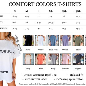 The image is a detailed size chart for comfort t-shirts, including measurements for width, length, sleeve length, and sleeve style. It also displays a variety of different colored t-shirts, each with a corresponding size and style. The chart provides a visual guide for selecting the appropriate size and style of t-shirt based on the individual's measurements.