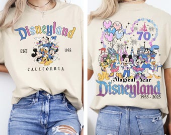 Camiseta de doble cara del 70.º aniversario de Disneyland (1955), camiseta de celebración platino del castillo de Mickey y sus amigos de Disneyland, camiseta de vacaciones familiares de WDW