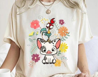 Camiseta de Disney Moana estilo años 70 con estampado floral de Pua y Hei Hei, Camiseta de Disney Moana, Camiseta para vacaciones familiares, Camiseta de la película Disney Moana, Camiseta del Reino Mágico