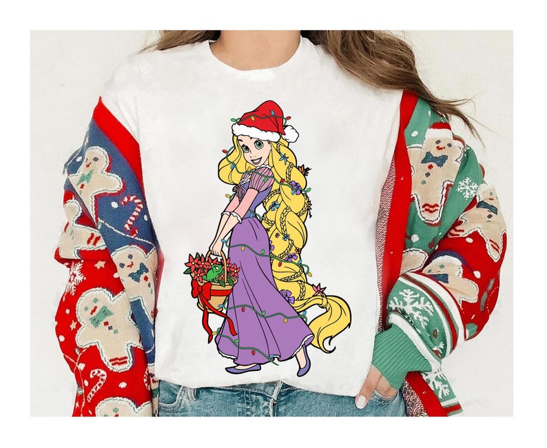 Koszulka z Disney Princess Christmas Lights, koszulka z Elsą Moaną i Jasminą z Meridą, koszulka świąteczna z Disney Princess, prezenty na urodziny księżniczki zdjęcie 4