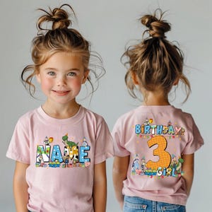 Camiseta de cumpleaños de Toy Story personalizada de doble cara, camiseta de cumpleaños de Toy Story con nombre personalizado para niño o niña, camiseta de cumpleaños de Buzz, Woody, Jessie y Bo Peep imagen 3
