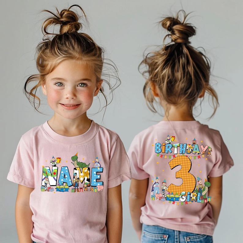Camiseta de cumpleaños de Toy Story personalizada de doble cara, camiseta de cumpleaños de Toy Story con nombre personalizado para niño o niña, camiseta de cumpleaños de Buzz, Woody, Jessie y Bo Peep imagen 3
