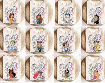 Disney Castle Princess Portrait Mickey Ears Shirt, Princess Coquette Bows Pastel Colors Tee, Jasmine Belle Aurora Snow White Disneyland Tee