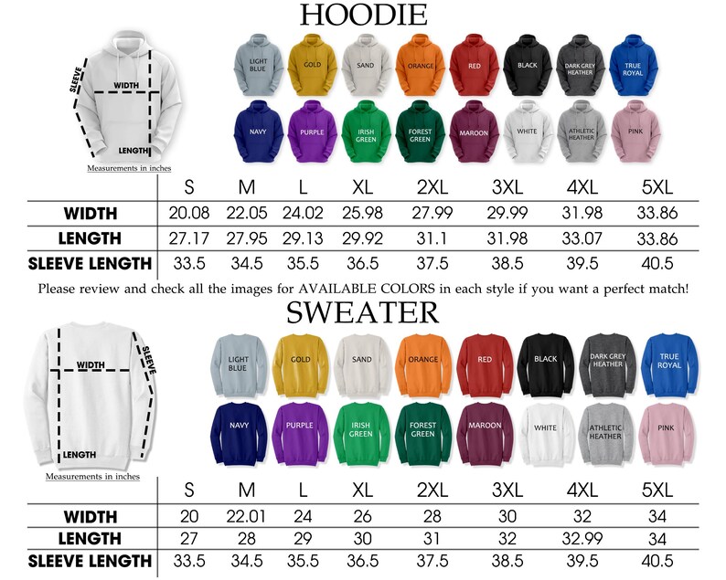 May include: Image displaying a range of hoodies and sweaters in diverse colours, such as blue, gold, and black. A size chart is included, with measurements in inches for width, length, and sleeve length, from S to 5XL. Measurements are also provided in cm.