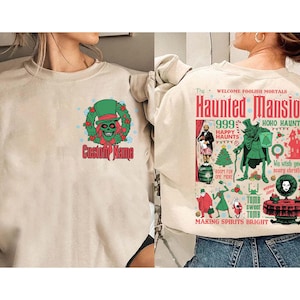 2-Sided Vintage The Haunted Mansion Christmas Shirt, Making Spirits Bright Hatbox Hitchhiking Ghost Shirt, Disneyland Xmas Family Shirts