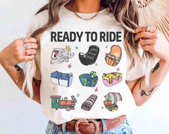 Camiseta de vehículos de Disney Here For The Rides, viaje a Disney 2026, camiseta de Magic Kingdom, parque temático WDW Epcot, camiseta familiar a juego para vacaciones en Disneyland