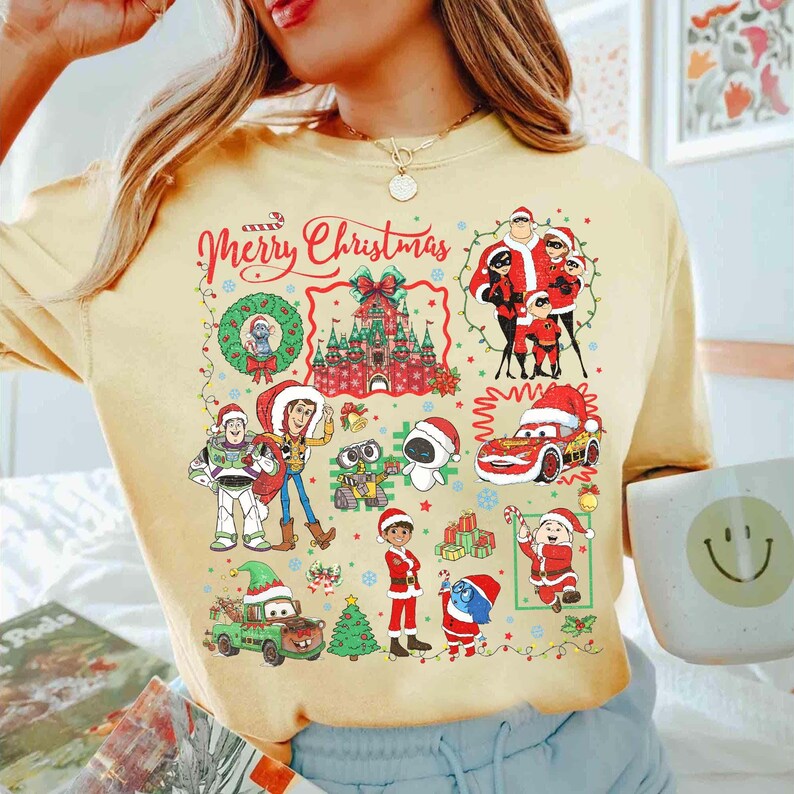 Disney Pixar Group Christmas Lights shirt, Disney Pixar Pier Christmas Tee, Cars Toy Story Inside Out Disneyland California Christmas Outfit image 4