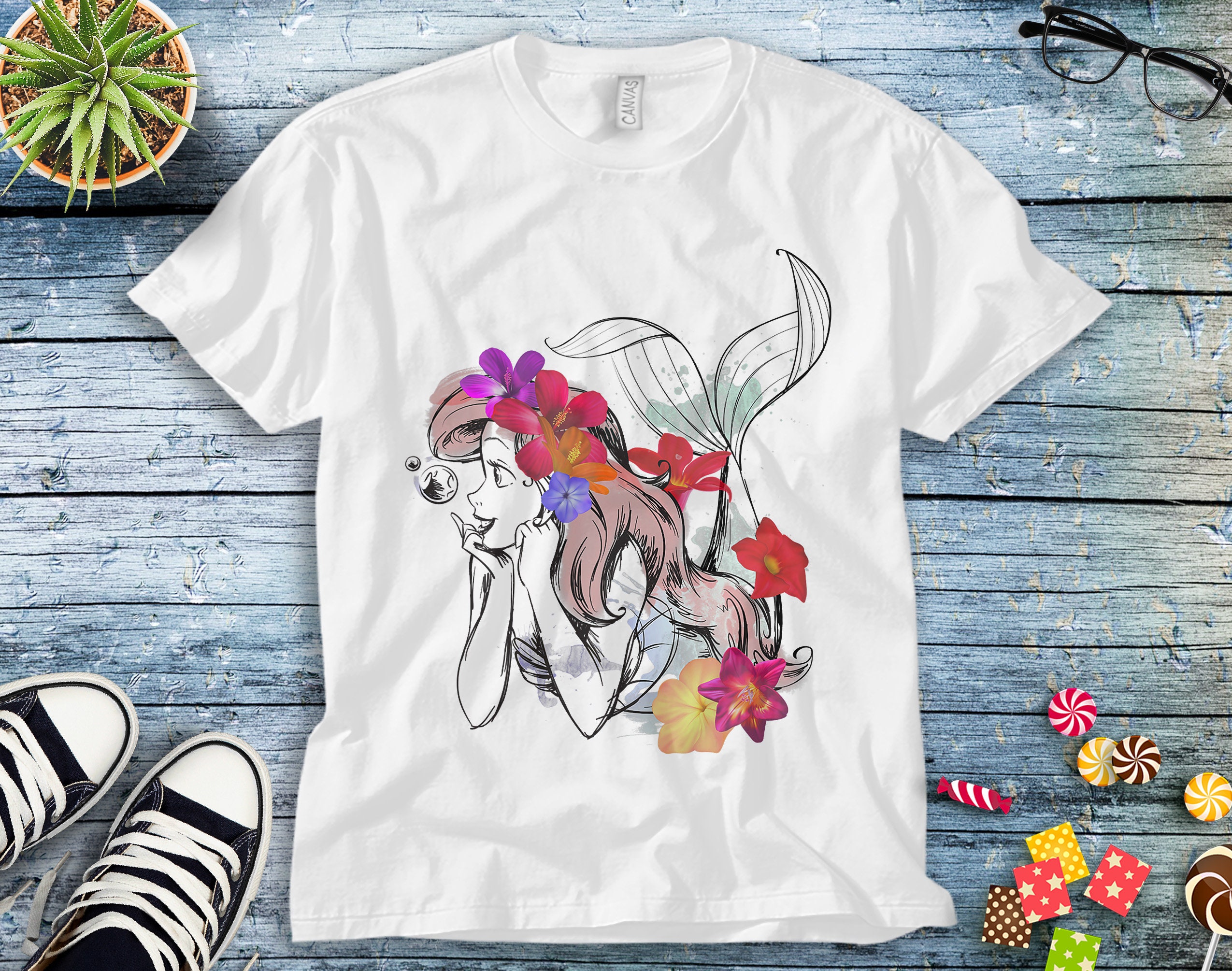 Discover Disney The Little Mermaid Floral Watercolor Outline T-shirt
