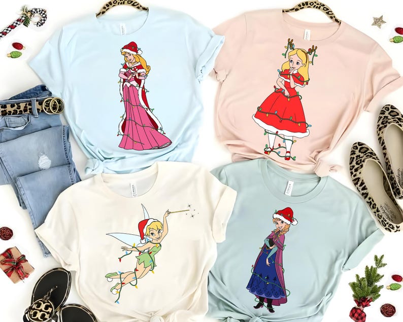 Koszulka z Disney Princess Christmas Lights, koszulka z Elsą Moaną i Jasminą z Meridą, koszulka świąteczna z Disney Princess, prezenty na urodziny księżniczki zdjęcie 3
