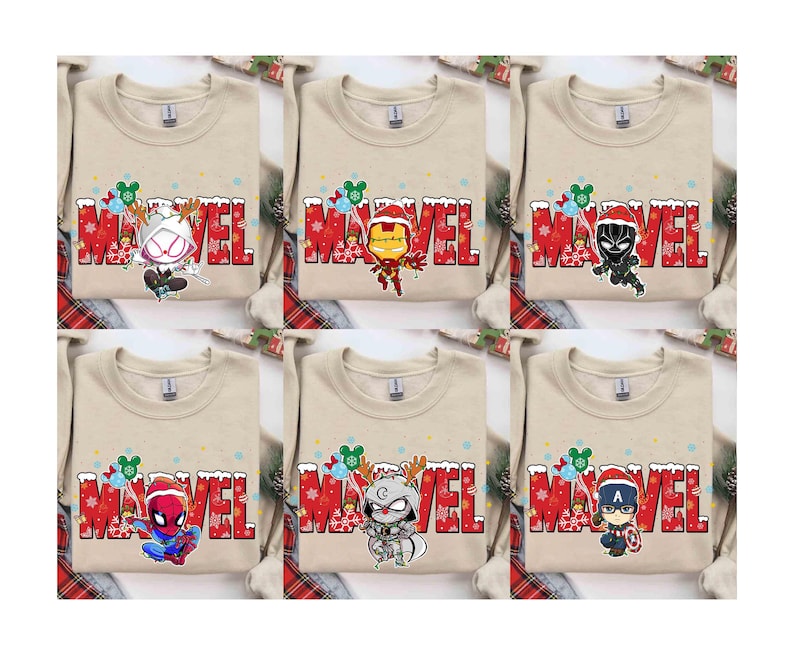 Marvel Characters Christmas Costume Shirt, Groot, Spider-Gwen, Spider-man, Hulk, Deadpool Xmas Lights, Disneyland Christmas Matching Shirt image 1