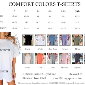 The image is a detailed size chart for comfort t-shirts, including measurements for width, length, sleeve length, and sleeve style. It also displays a variety of different colored t-shirts, each with a corresponding size and style. The chart provides a visual guide for selecting the appropriate size and style of t-shirt based on the individual's measurements.