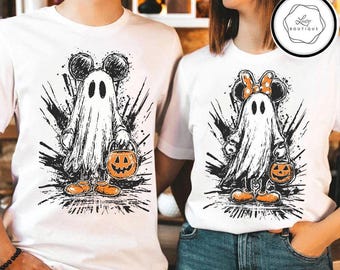 Vintage Disney Mickey and Minnie Halloween Ghost shirt, Disney Halloween Couples Tee, Custom Disney Ghost All Characters Halloween Shirt
