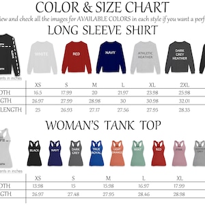 The image is a color and size chart for a long sleeve shirt, including various styles and colors available in different sizes.