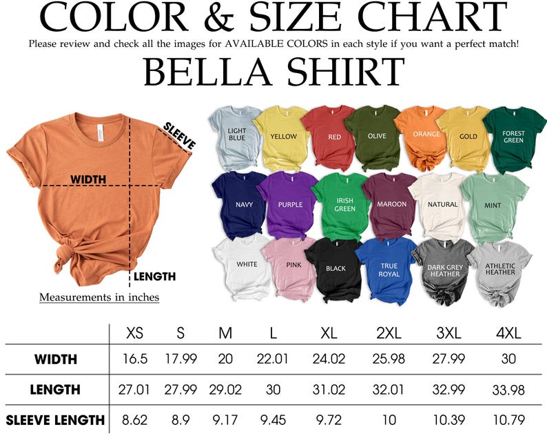 The image is a color and size chart for a t-shirt, displaying various colors and sizes available in the design.
