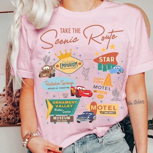 Disney Pixar Cars Lightning Mcqueen Shirt, Take The Scenic Route Tee, Tow Mater Carburetor Emporium Radiator Springs shirt, Ornament Valley image 3