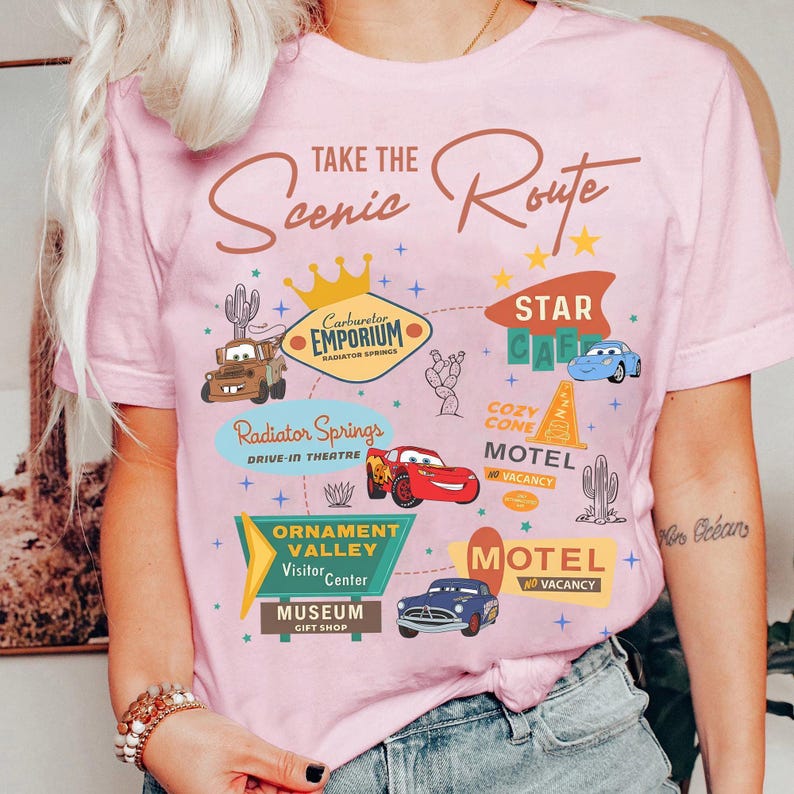 Disney Pixar Cars Lightning Mcqueen Shirt, Take The Scenic Route Tee, Tow Mater Carburetor Emporium Radiator Springs shirt, Ornament Valley image 3