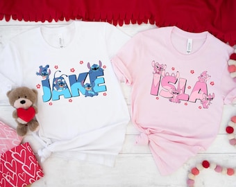 Anpassad namntröja med Stitch och ängel, personlig Disney Lilo och Stitch matchande t-shirt, namntröja för barn, pojke och flicka, anpassad familjematchande tröja