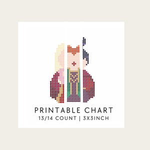 May include: A cross-stitch pattern featuring three vertical segments of pixelated figures in shades of red, yellow, green, purple, and black. The text below reads PRINTABLE CHART 13/14 COUNT | 3X3INCH, indicating the design size and fabric count.