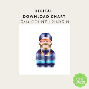 Peut inclure: Un modèle de point de croix en téléchargement numérique représentant une figure pixelisée avec une barbe, portant un bonnet bleu foncé, une chemise bleu foncé et une chaîne dorée. Le texte indique DIGITAL DOWNLOAD CHART 13/14 COUNT | 2INX3IN.